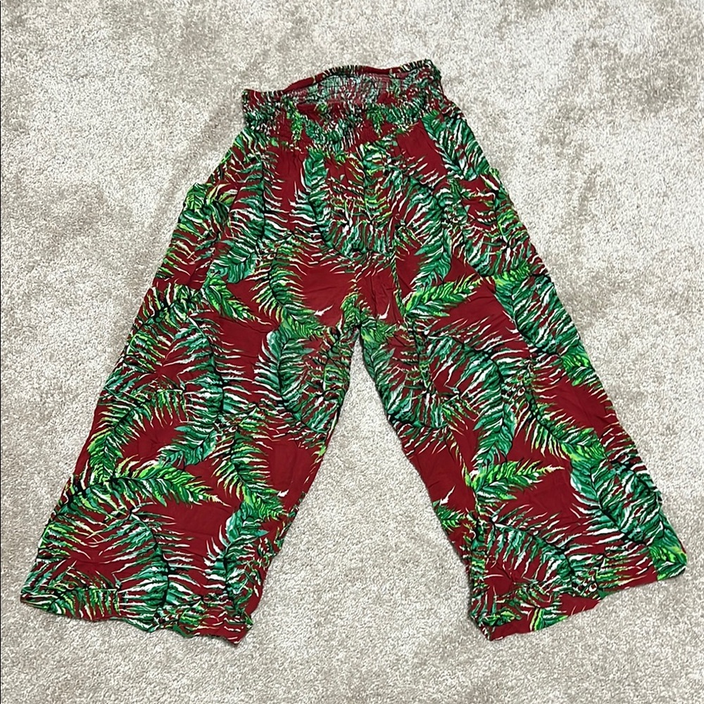 Casual pocket Green and Red Wide-Leg Cropped Pants